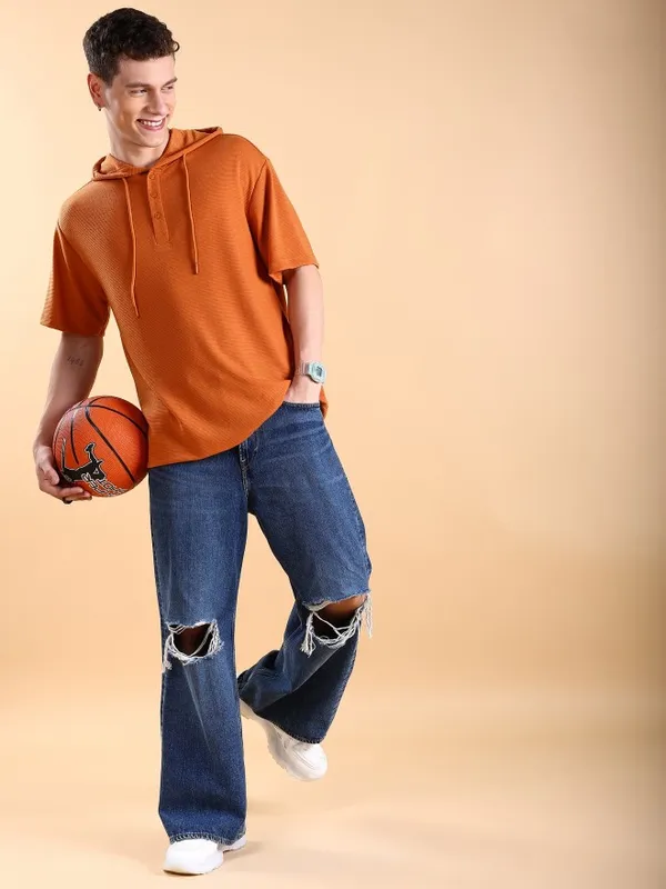 Ketch Men Rust Solid Oversized Fit T-Shirt