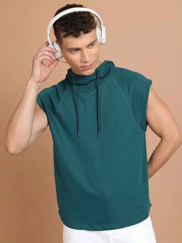 Ketch Men Teal Solid Hood T-Shirts