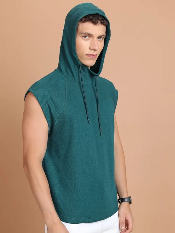  Ketch Men Teal Solid Hood T-Shirts