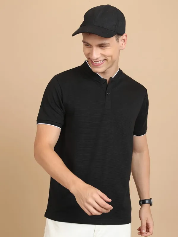  Ketch Men Black Solid Mandarin Collar T-Shirts