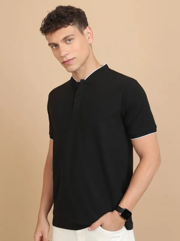  Ketch Men Black Solid Mandarin Collar T-Shirts