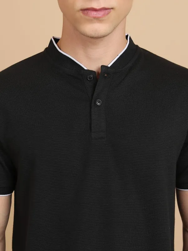  Ketch Men Black Solid Mandarin Collar T-Shirts