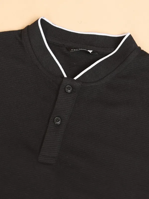  Ketch Men Black Solid Mandarin Collar T-Shirts