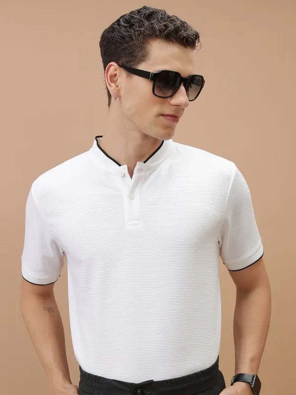  Ketch Men White Solid Mandarin Collar T-Shirts