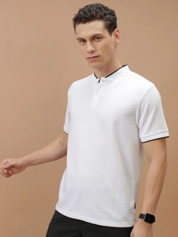  Ketch Men White Solid Mandarin Collar T-Shirts
