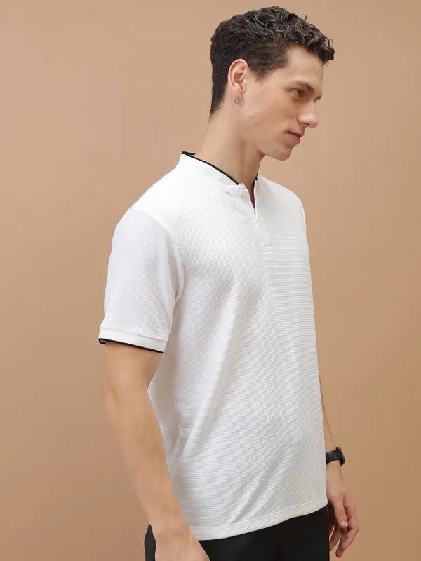  Ketch Men White Solid Mandarin Collar T-Shirts