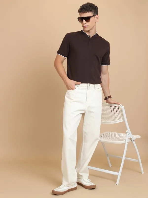  Ketch Men Brown Solid Mandarin Collar T-Shirts