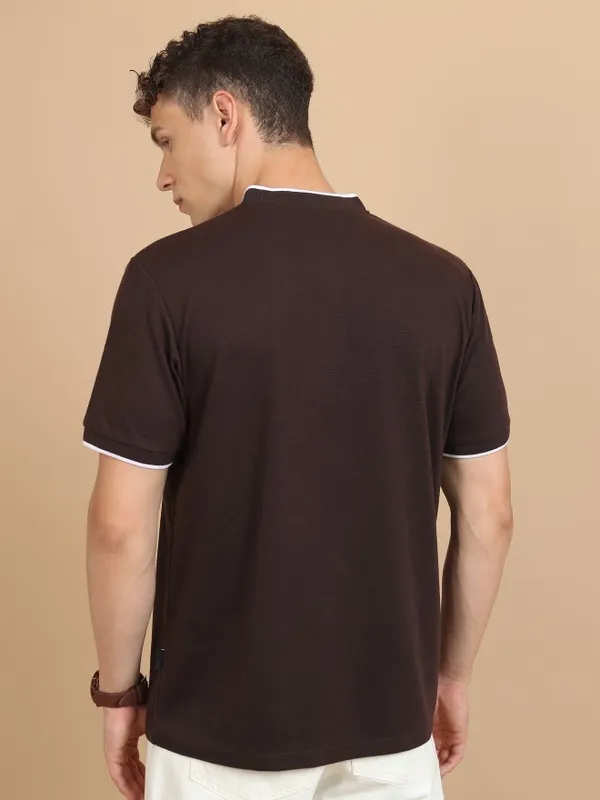  Ketch Men Brown Solid Mandarin Collar T-Shirts