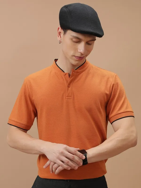  Ketch Men Terracotta Solid Mandarin Collar T-Shirts