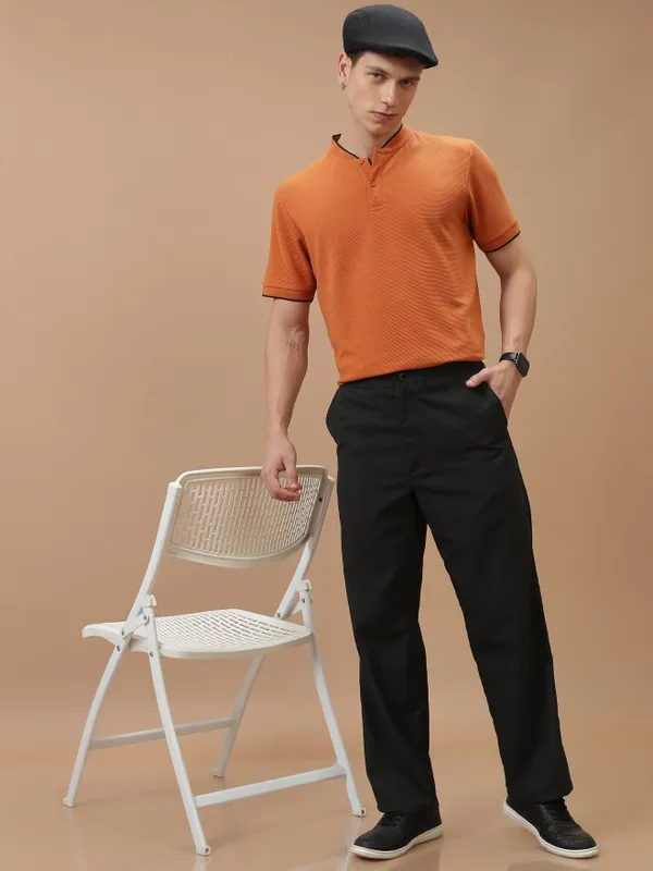  Ketch Men Terracotta Solid Mandarin Collar T-Shirts