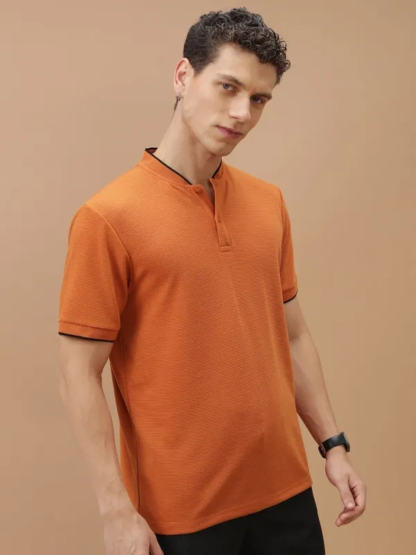  Ketch Men Terracotta Solid Mandarin Collar T-Shirts