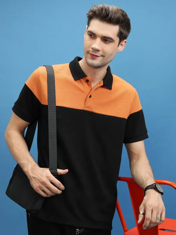  Ketch Men Black Colourblocked Polo Collar T-Shirts