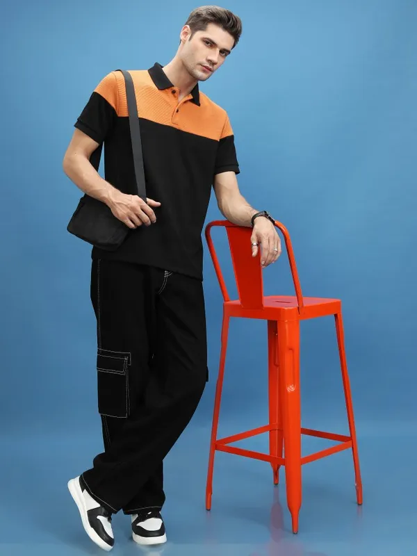  Ketch Men Black Colourblocked Polo Collar T-Shirts