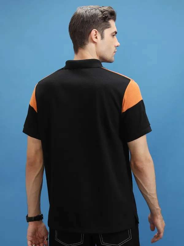  Ketch Men Black Colourblocked Polo Collar T-Shirts