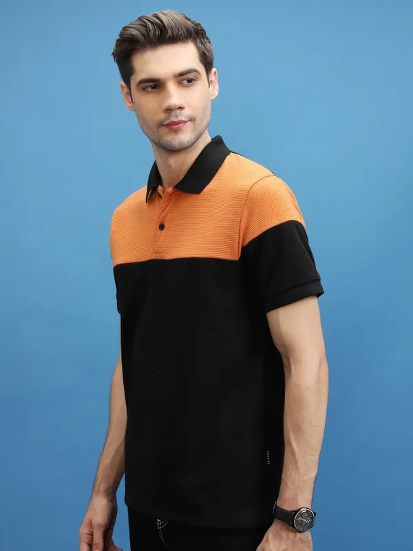  Ketch Men Black Colourblocked Polo Collar T-Shirts