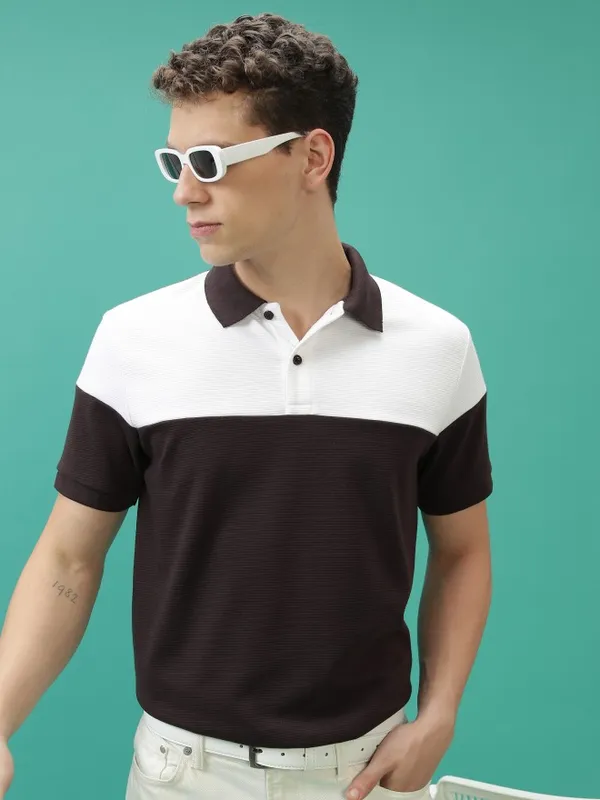  Ketch Men Brown Colourblocked Polo Collar Polo T-Shirts