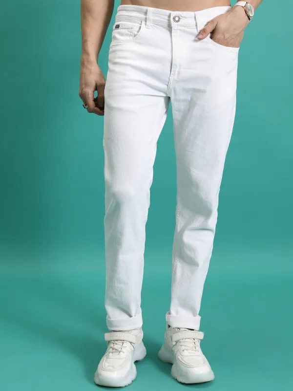  Highlander Men White Tapered Fit Clean Look Jeans