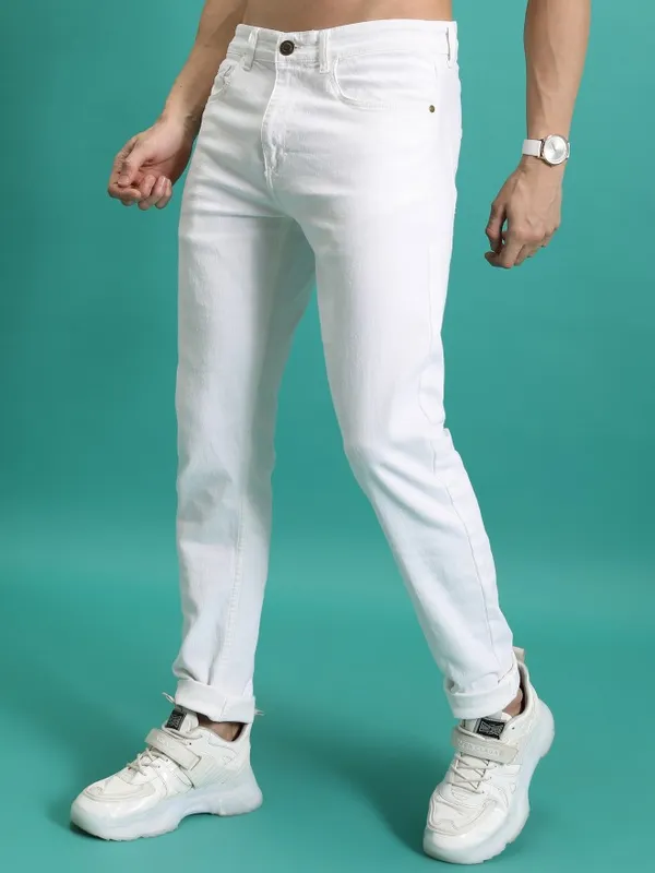  Highlander Men White Tapered Fit Clean Look Jeans