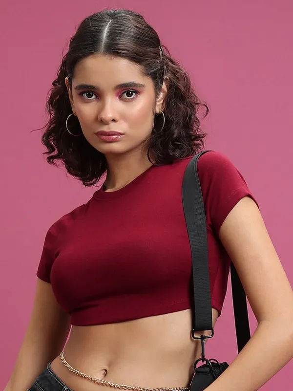  Ketch Women Maroon Solid Fitted Tops