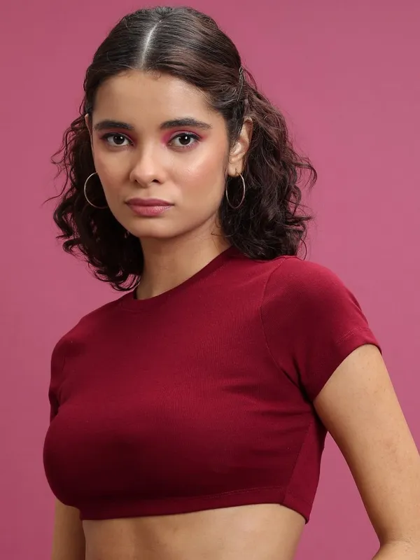  Ketch Women Maroon Solid Fitted Tops