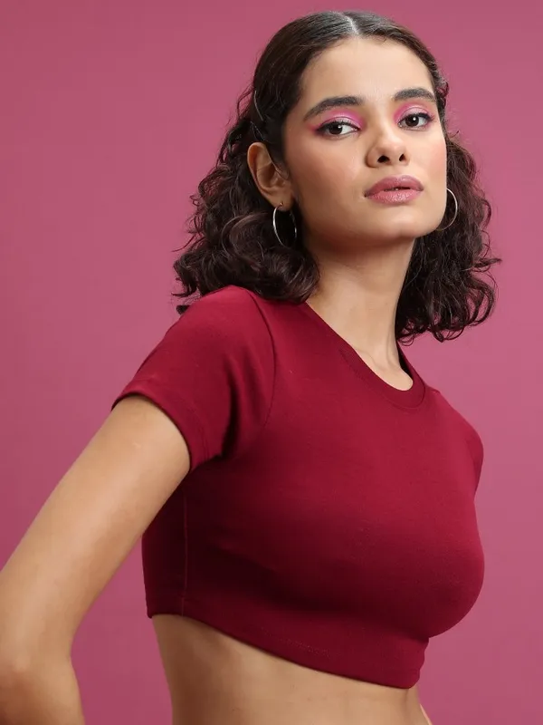  Ketch Women Maroon Solid Fitted Tops