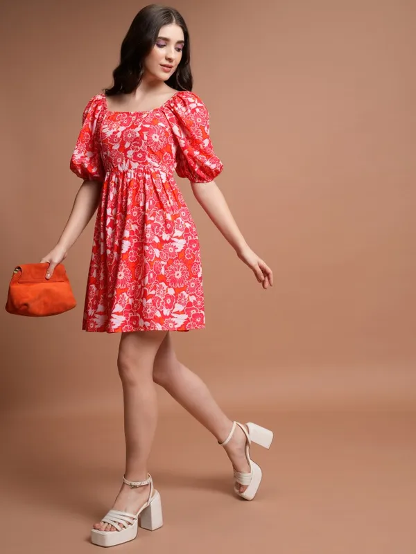 Tokyo Talkies Women Red Printed Fit And Flare Dress