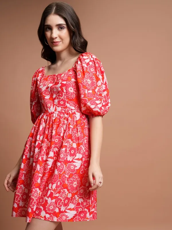 Tokyo Talkies Women Red Printed Fit And Flare Dress