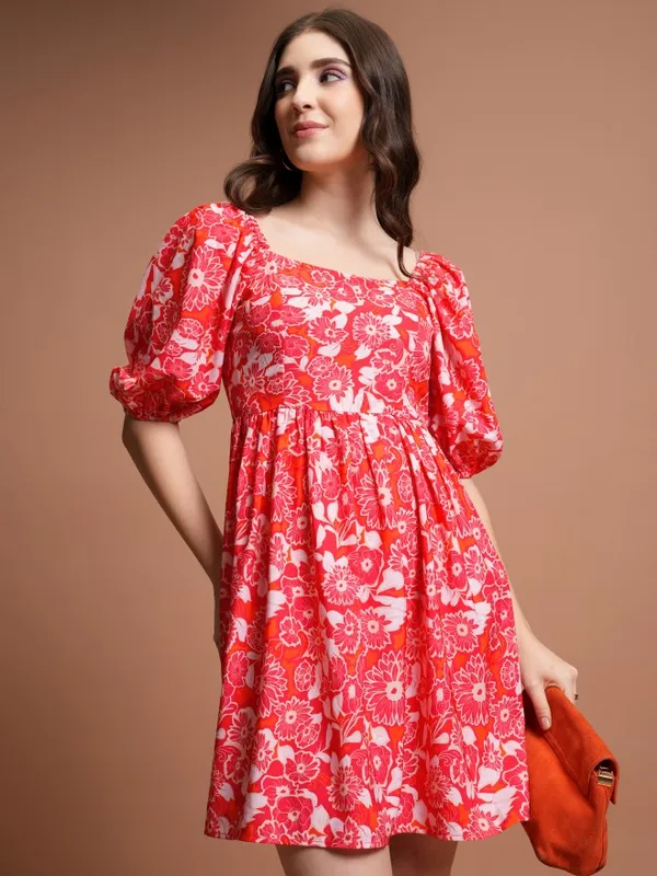 Tokyo Talkies Women Red Printed Fit And Flare Dress