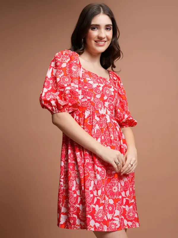 Tokyo Talkies Women Red Printed Fit And Flare Dress