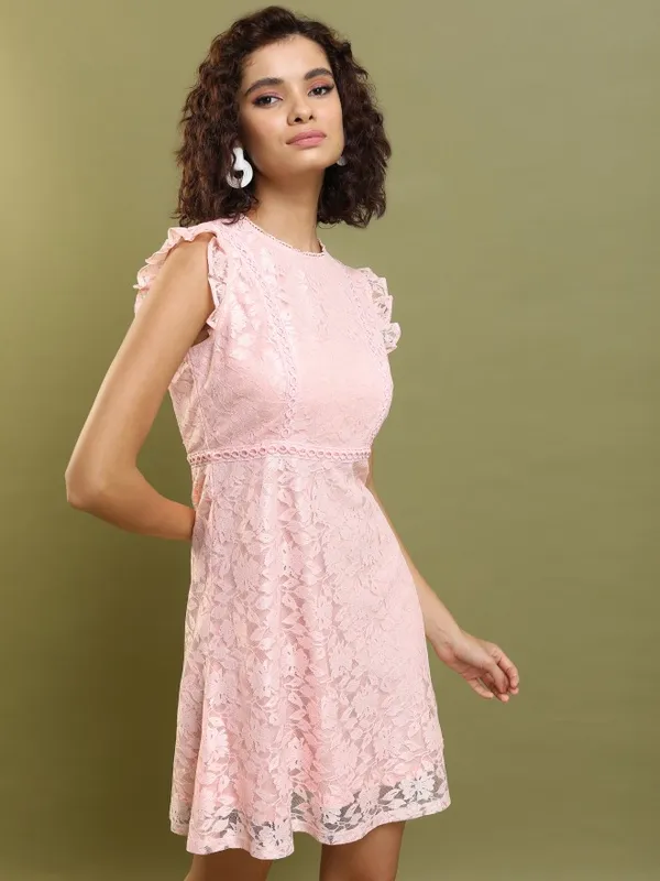 Tokyo Talkies Women Pink Self Design Fit And Flare Dress