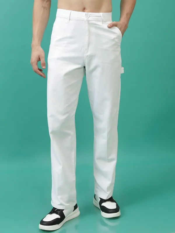  Highlander Men White Slim Fit Solid Casual Trousers