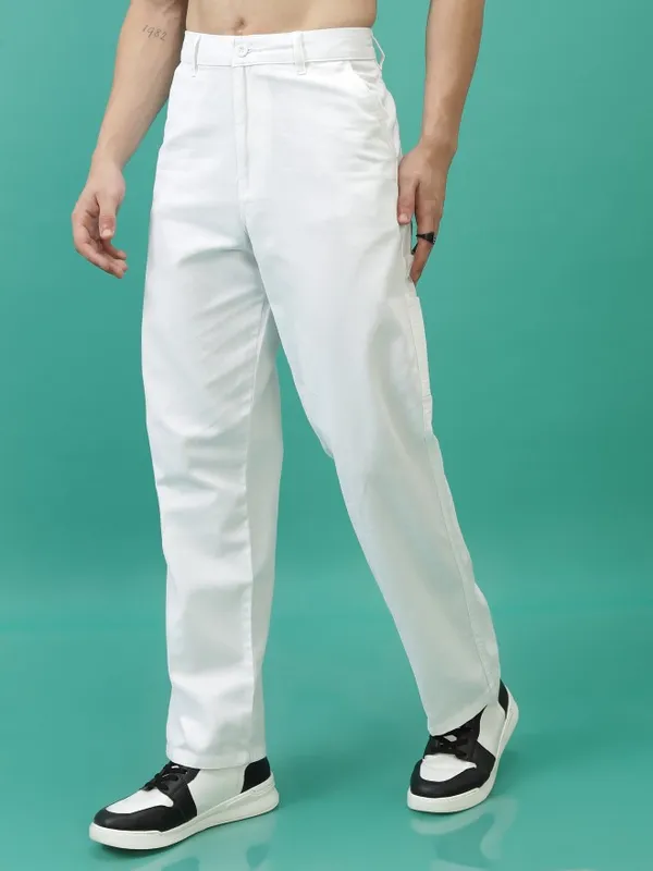  Highlander Men White Slim Fit Solid Casual Trousers