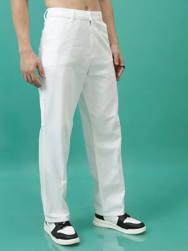  Highlander Men White Slim Fit Solid Casual Trousers