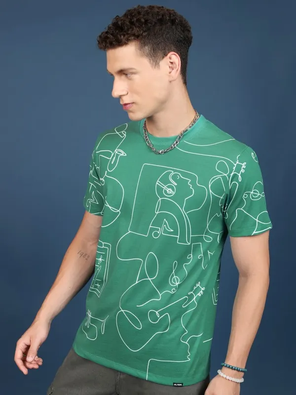  Highlander Men Green Printed Round Neck T-Shirts