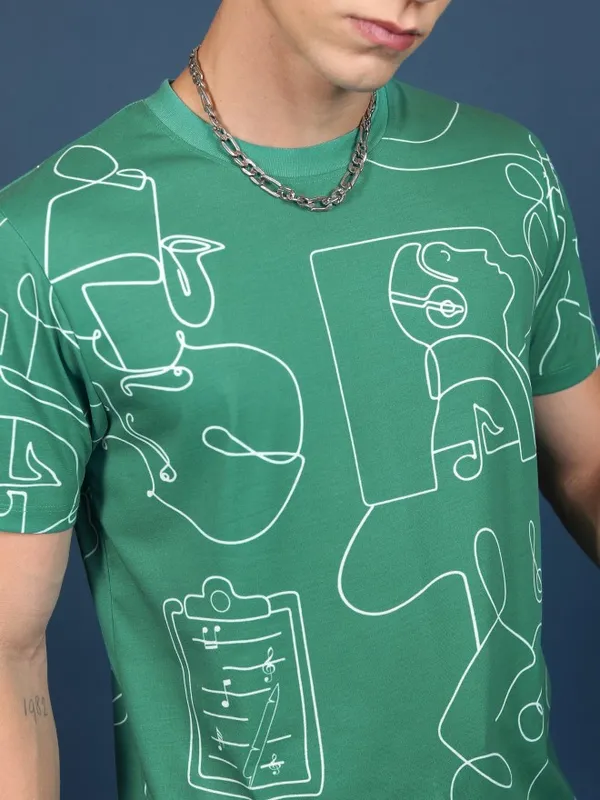  Highlander Men Green Printed Round Neck T-Shirts