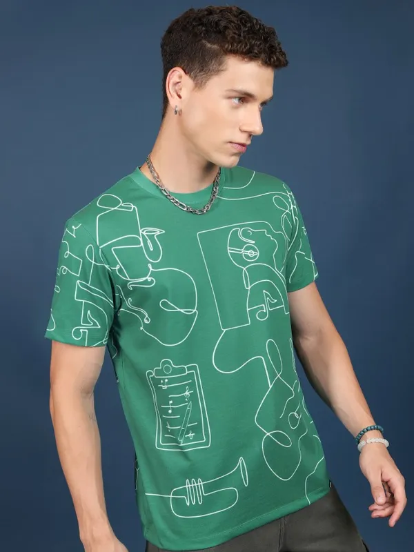  Highlander Men Green Printed Round Neck T-Shirts