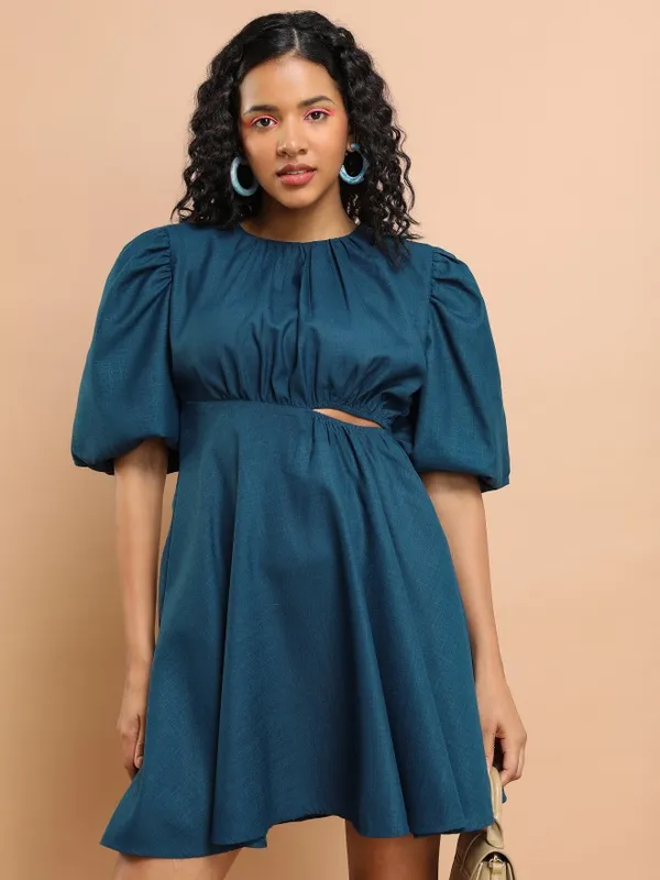 Tokyo Talkies Women Blue Solid Fit And Flare Dress