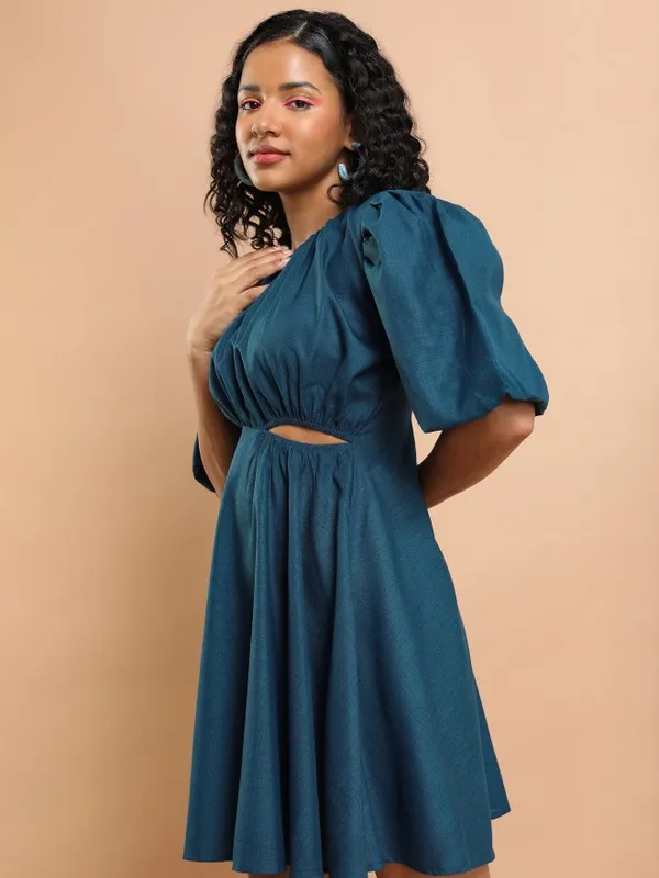 Tokyo Talkies Women Blue Solid Fit And Flare Dress