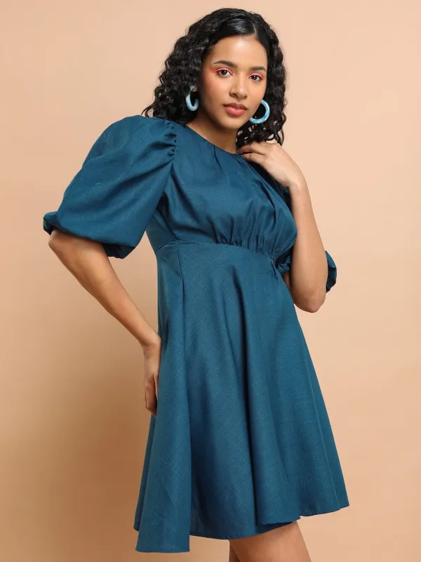 Tokyo Talkies Women Blue Solid Fit And Flare Dress