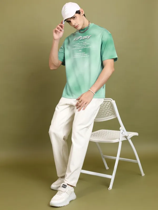 Highlander Men Green Printed Oversized Fit T-Shirt