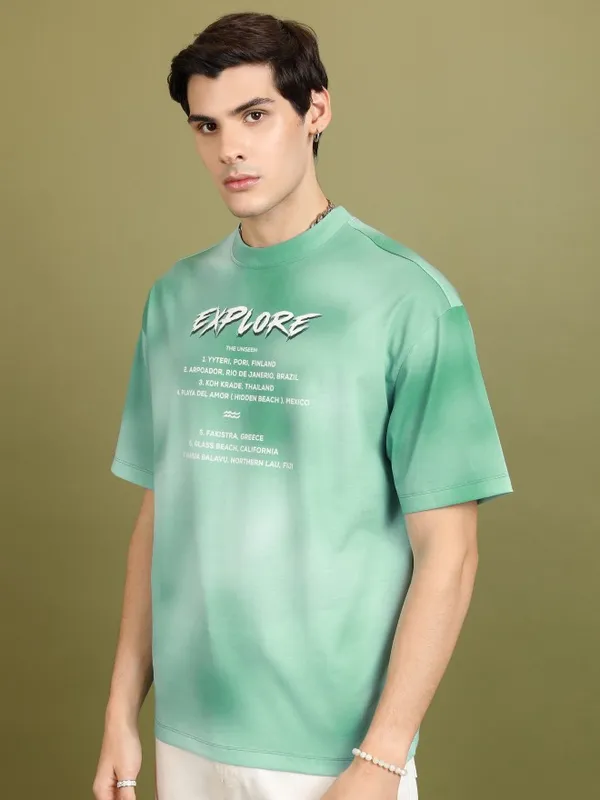 Highlander Men Green Printed Oversized Fit T-Shirt