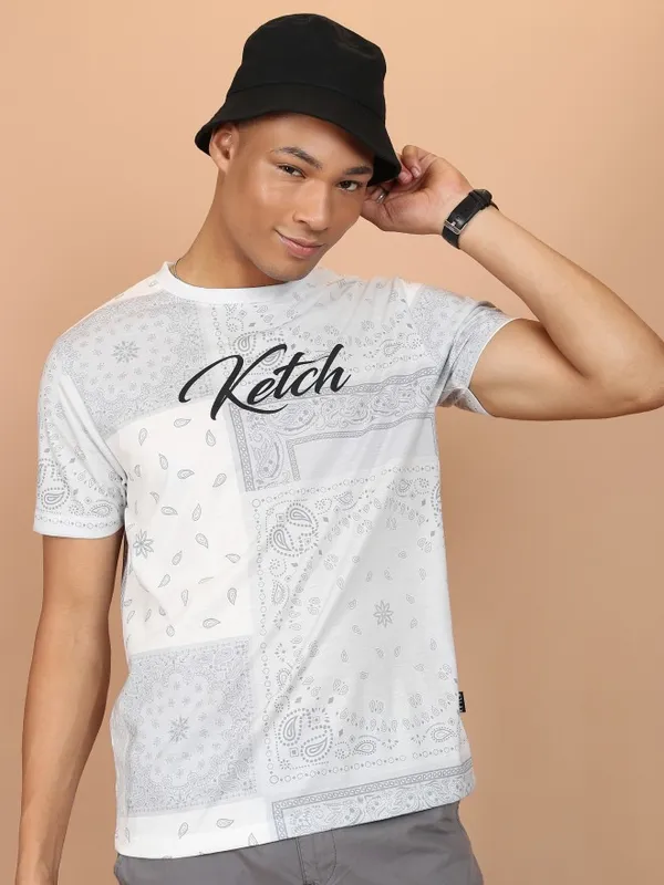  Ketch Men White Printed Round Neck T-Shirts