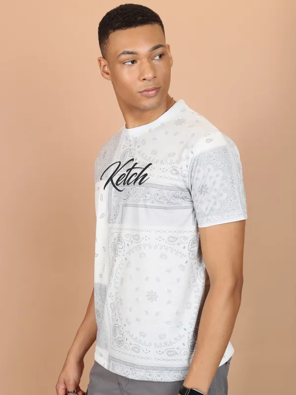  Ketch Men White Printed Round Neck T-Shirts