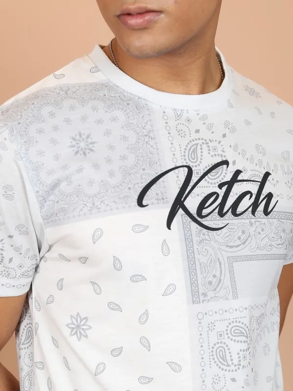  Ketch Men White Printed Round Neck T-Shirts