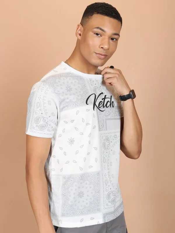  Ketch Men White Printed Round Neck T-Shirts