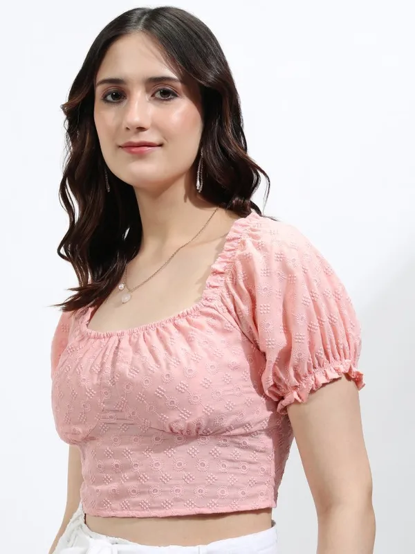 Ketch Women Pink Embroidered Fitted Top