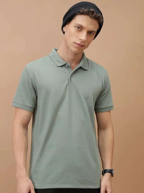  Ketch Men Olive Solid Polo Collar Polo T-Shirts