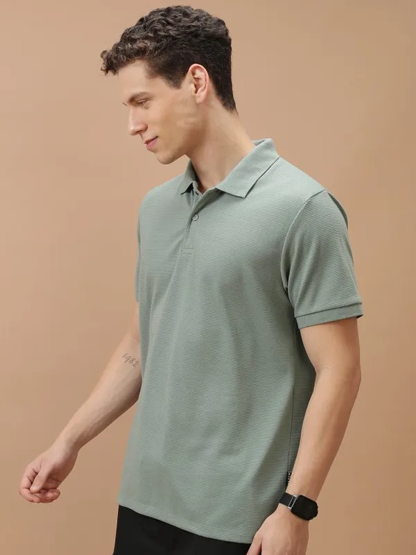  Ketch Men Olive Solid Polo Collar Polo T-Shirts