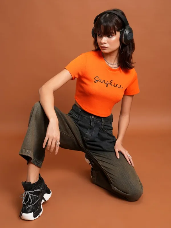 Tokyo Talkies Women Orange Embroidered Tank Top