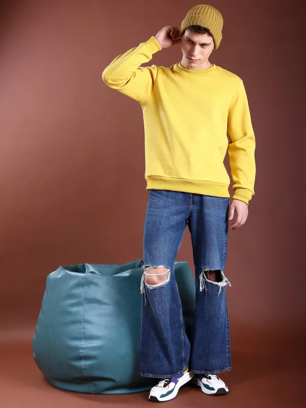  Ketch Men Yellow Round Neck Pullover Sweatshirts